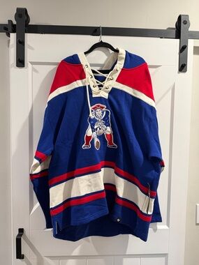 Men's Blue Red Lace-Up Hockey Pullover Hoodie